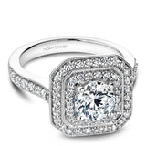A Noam Carver white gold engagement ring with a double square halo and 60 diamonds.