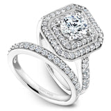 A Noam Carver white gold engagement ring with a double square halo and 60 diamonds.