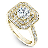 A Noam Carver yellow gold engagement ring with a double square halo and 60 diamonds.
