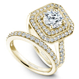A Noam Carver yellow gold engagement ring with a double square halo and 60 diamonds.