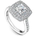 A Noam Carver white gold engagement ring with a square halo and 60 diamonds.