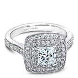 A Noam Carver white gold engagement ring with a square halo and 60 diamonds.
