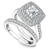 A Noam Carver white gold engagement ring with a square halo and 60 diamonds.
