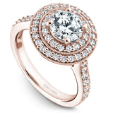 A Noam Carver rose gold engagement ring with a double halo and 52 diamonds.