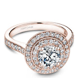 A Noam Carver rose gold engagement ring with a double halo and 52 diamonds.