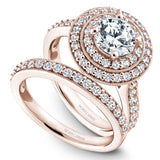 A Noam Carver rose gold engagement ring with a double halo and 52 diamonds.