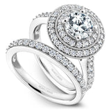 A Noam Carver white gold engagement ring with a double halo and 52 diamonds.