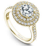A Noam Carver yellow gold engagement ring with a double halo and 52 diamonds.