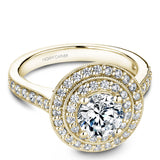 A Noam Carver yellow gold engagement ring with a double halo and 52 diamonds.