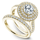 A Noam Carver yellow gold engagement ring with a double halo and 52 diamonds.