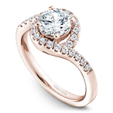 A Noam Carver rose gold engagement ring with a round halo and 32 diamonds.