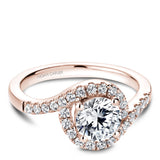 A Noam Carver rose gold engagement ring with a round halo and 32 diamonds.