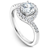 A Noam Carver white gold engagement ring with a round halo and 32 diamonds.