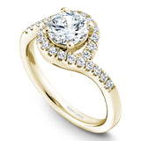 A Noam Carver yellow gold engagement ring with a round halo and 32 diamonds.