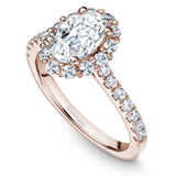 A Noam Carver rose gold engagement ring with an oval halo and 26 diamonds.
