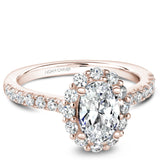 A Noam Carver rose gold engagement ring with an oval halo and 26 diamonds.