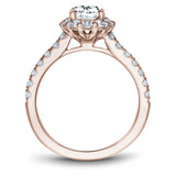 A Noam Carver rose gold engagement ring with an oval halo and 26 diamonds.