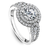 A Noam Carver white gold engagement ring with a round halo and 74 diamonds.