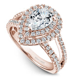 A Noam Carver rose gold engagement ring with a pear halo and 84 diamonds.