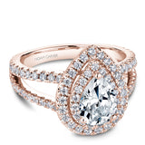 A Noam Carver rose gold engagement ring with a pear halo and 84 diamonds.