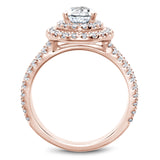 A Noam Carver rose gold engagement ring with a pear halo and 84 diamonds.
