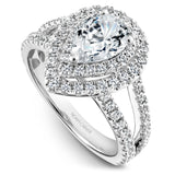 A Noam Carver white gold engagement ring with a pear halo and 84 diamonds.