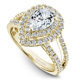 A Noam Carver yellow gold engagement ring with a pear halo and 84 diamonds.