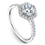 A Noam Carver white gold engagement ring with a halo and 30 diamonds.