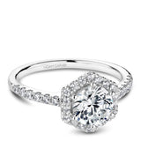 A Noam Carver white gold engagement ring with a halo and 30 diamonds.