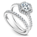 A Noam Carver white gold engagement ring with a halo and 30 diamonds.