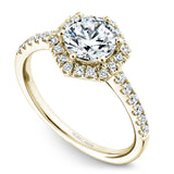 A Noam Carver yellow gold engagement ring with a halo and 30 diamonds.