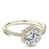 A Noam Carver yellow gold engagement ring with a halo and 30 diamonds.