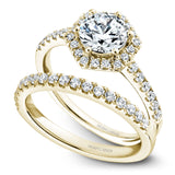 A Noam Carver yellow gold engagement ring with a halo and 30 diamonds.