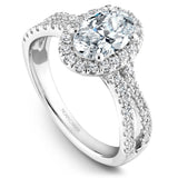 A Noam Carver white gold engagement ring with an oval halo and 50 diamonds.