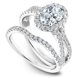 A Noam Carver white gold engagement ring with an oval halo and 50 diamonds.