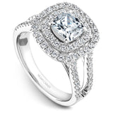 A Noam Carver white gold engagement ring with a square halo and 76 diamonds.