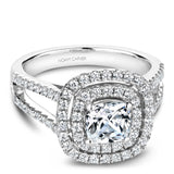 A Noam Carver white gold engagement ring with a square halo and 76 diamonds.
