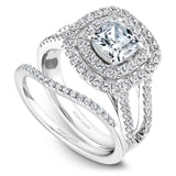 A Noam Carver white gold engagement ring with a square halo and 76 diamonds.
