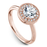 A Noam Carver rose gold engagement ring with a round halo, milgrain detailing and 18 diamonds.