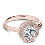 A Noam Carver rose gold engagement ring with a round halo, milgrain detailing and 18 diamonds.