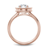 A Noam Carver rose gold engagement ring with a round halo, milgrain detailing and 18 diamonds.