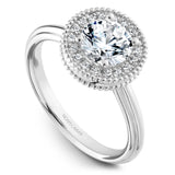 A Noam Carver white gold engagement ring with a round halo, milgrain detailing and 18 diamonds.