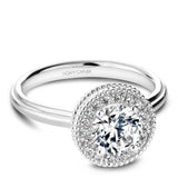 A Noam Carver white gold engagement ring with a round halo, milgrain detailing and 18 diamonds.