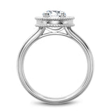 A Noam Carver white gold engagement ring with a round halo, milgrain detailing and 18 diamonds.