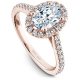 A Noam Carver rose gold engagement ring with an oval halo and 38 diamonds.