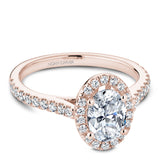 A Noam Carver rose gold engagement ring with an oval halo and 38 diamonds.
