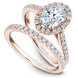 A Noam Carver rose gold engagement ring with an oval halo and 38 diamonds.