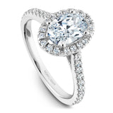 A Noam Carver white gold engagement ring with an oval halo and 38 diamonds.