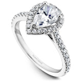 A Noam Carver white gold engagement ring with a pear halo and 38 diamonds.