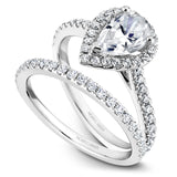 A Noam Carver white gold engagement ring with a pear halo and 38 diamonds.
